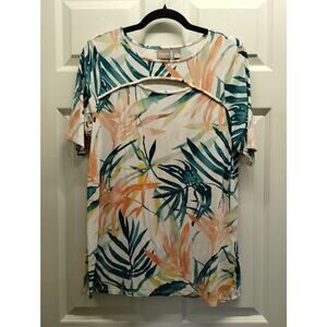 Chico's Size Medium (1) Peach Green Leaf Keyhole Bust Short Sleeve Tropical Tee